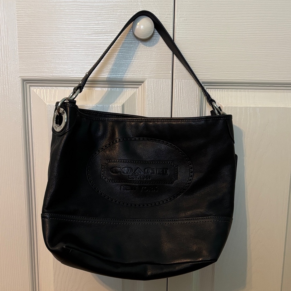 Coach Black Leather Embossed Logo Shoulder Bag